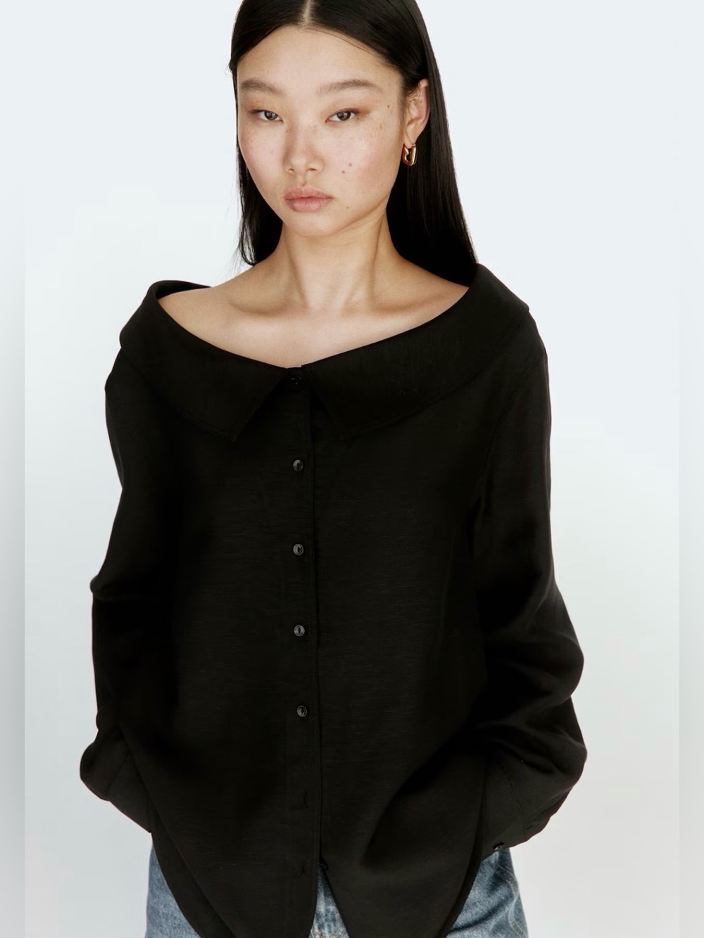 H&M Linen Blend Off The Shoulder Black Oversized Shirt Size L NWT